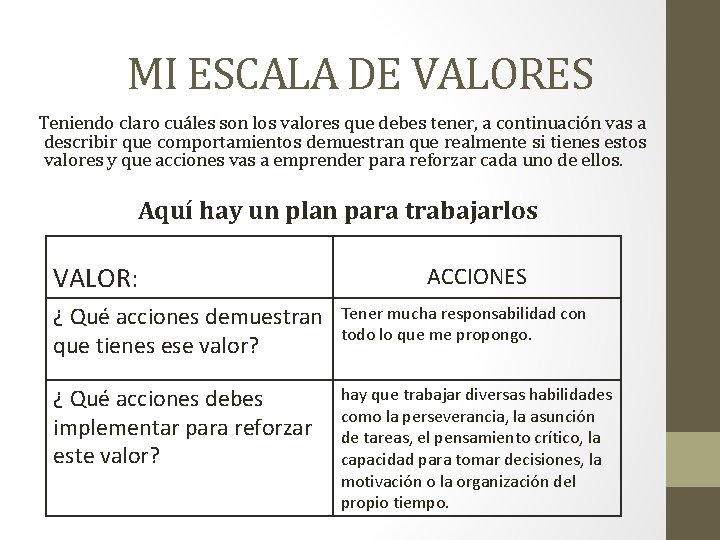 MI ESCALA DE VALORES Teniendo claro cuáles son los valores que debes tener, a