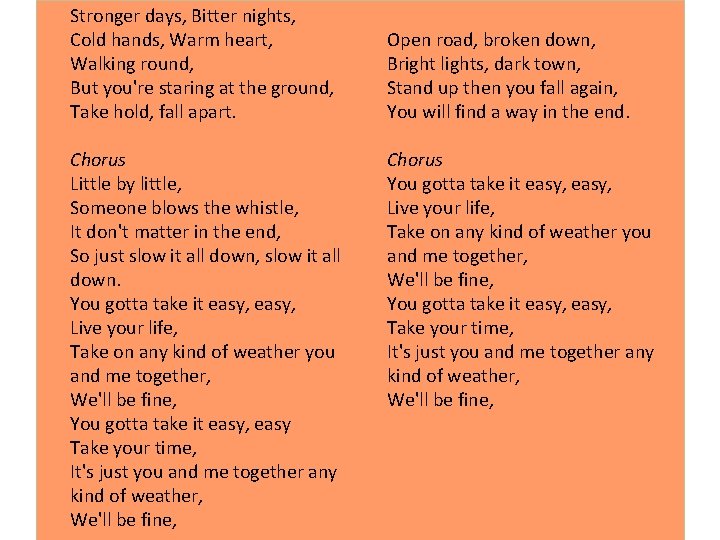 Stronger days, Bitter nights, Cold hands, Warm heart, Walking round, But you're staring at Stronger days, Bitter nights, Cold hands, Warm heart, Walking round, But you're staring at