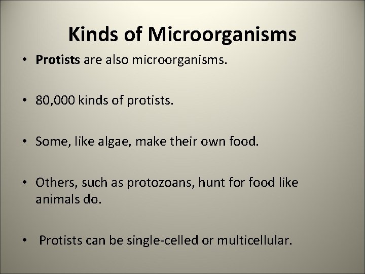 Kinds of Microorganisms • Protists are also microorganisms. • 80, 000 kinds of protists.