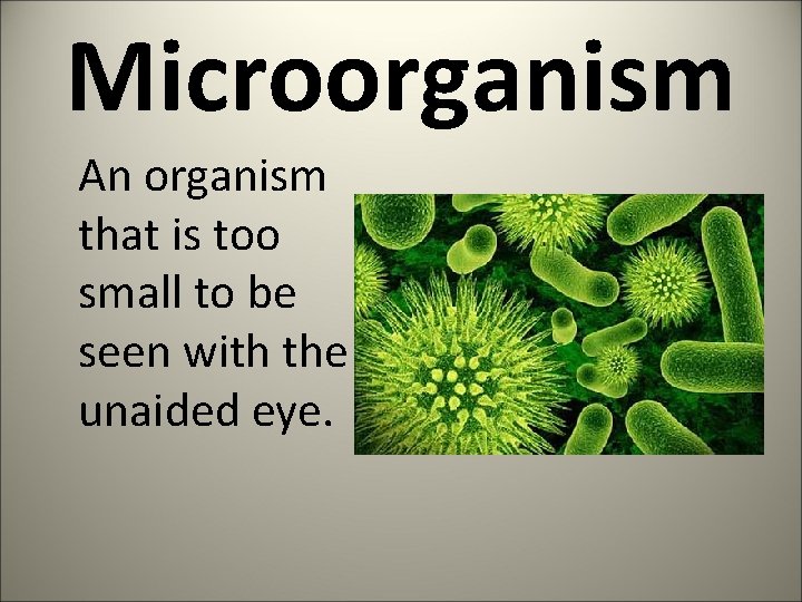 Microorganism An organism that is too small to be seen with the unaided eye.