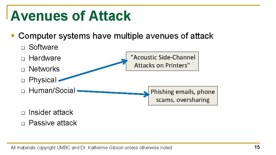 Avenues of Attack § Computer systems have multiple avenues of attack q q q