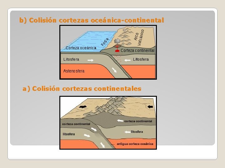 b) Colisión cortezas oceánica-continental a) Colisión cortezas continentales 