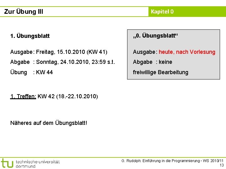 Zur Übung III Kapitel 0 1. Übungsblatt „ 0. Übungsblatt“ Ausgabe: Freitag, 15. 10.