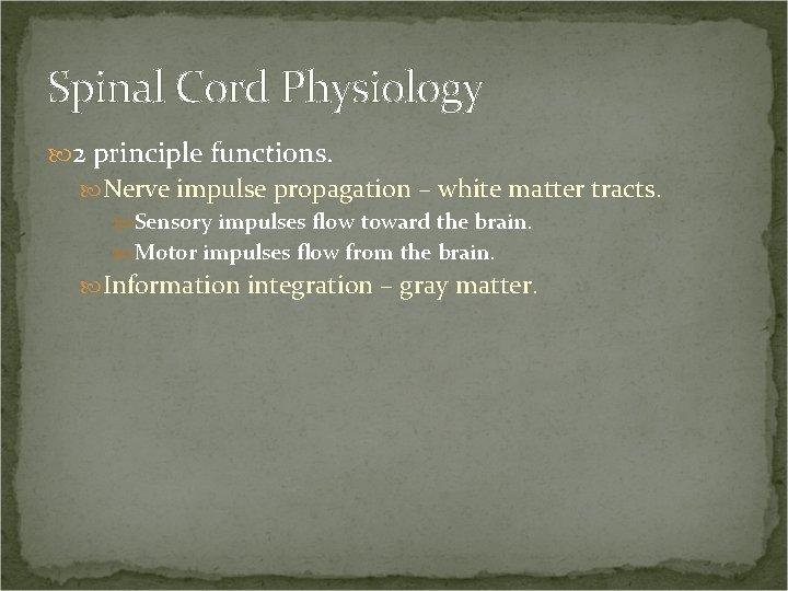 Spinal Cord Physiology 2 principle functions. Nerve impulse propagation – white matter tracts. Sensory