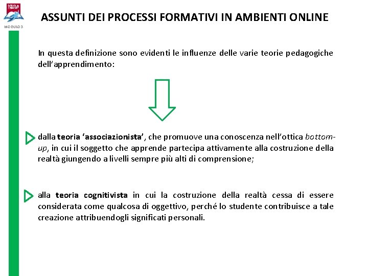 MODULO 3 ASSUNTI DEI PROCESSI FORMATIVI IN AMBIENTI ONLINE In questa definizione sono evidenti