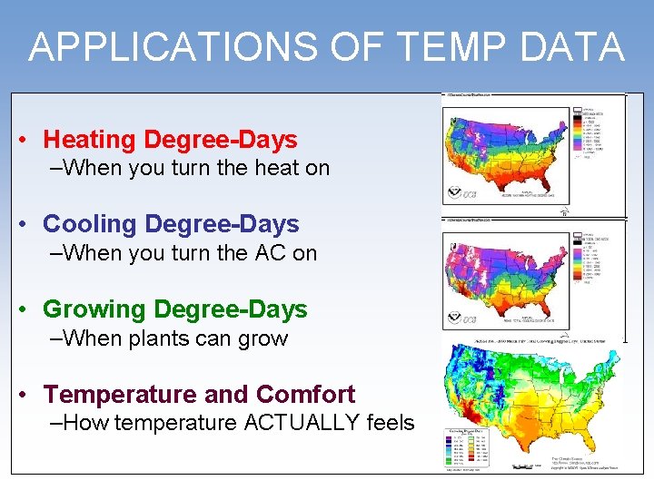 APPLICATIONS OF TEMP DATA • Heating Degree-Days –When you turn the heat on •