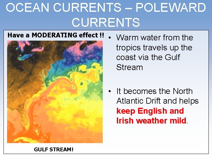 OCEAN CURRENTS – POLEWARD CURRENTS Have a MODERATING effect !! • Warm water from