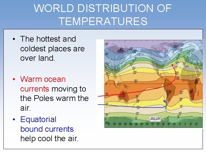 WORLD DISTRIBUTION OF TEMPERATURES • The hottest and coldest places are over land. •