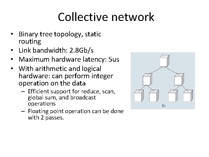 Collective network • Binary tree topology, static routing • Link bandwidth: 2. 8 Gb/s