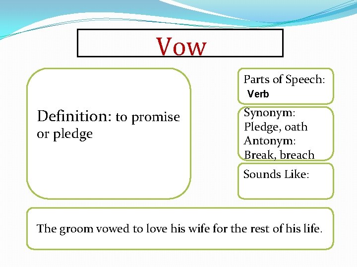 Vow Parts of Speech: Verb Definition: to promise or pledge Synonym: Pledge, oath Antonym: