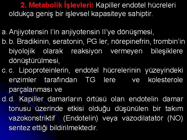 2. Metabolik İşlevleri: Kapiller endotel hücreleri oldukça geniş bir işlevsel kapasiteye sahiptir. a. Anjiyotensin