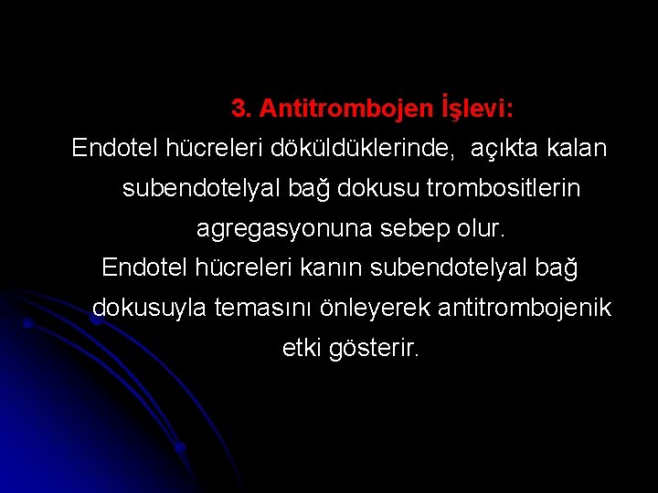 3. Antitrombojen İşlevi: Endotel hücreleri döküldüklerinde, açıkta kalan subendotelyal bağ dokusu trombositlerin agregasyonuna sebep