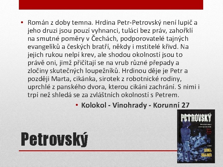  • Román z doby temna. Hrdina Petr-Petrovský není lupič a jeho druzi jsou