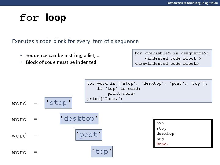 Introduction to Computing Using Python for loop Executes a code block for every item