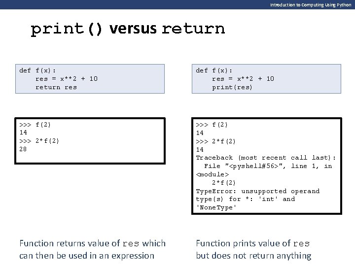 Introduction to Computing Using Python print() versus return def f(x): res = x**2 +