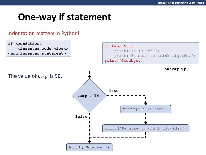 Introduction to Computing Using Python One-way if statement Indentation matters in Python! if <condition>: