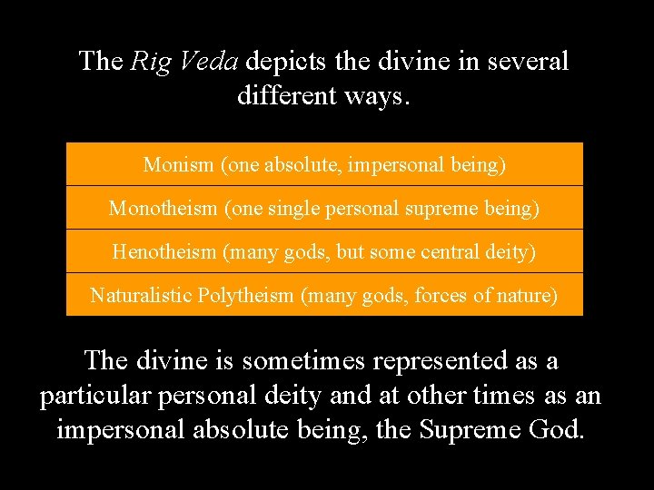 The Rig Veda depicts the divine in several different ways. Monism (one absolute, impersonal