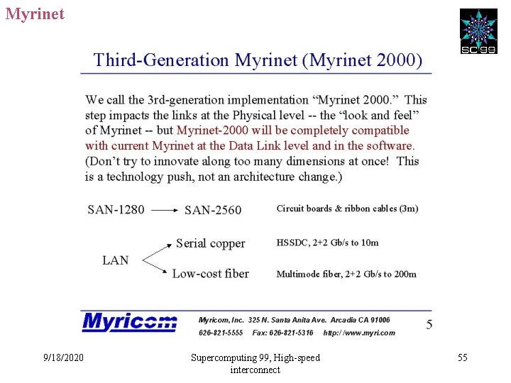 Myrinet 9/18/2020 Supercomputing 99, High-speed interconnect 55 