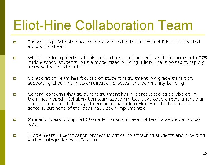 Eliot-Hine Collaboration Team p Eastern High School’s success is closely tied to the success