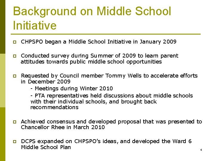 Background on Middle School Initiative p CHPSPO began a Middle School Initiative in January