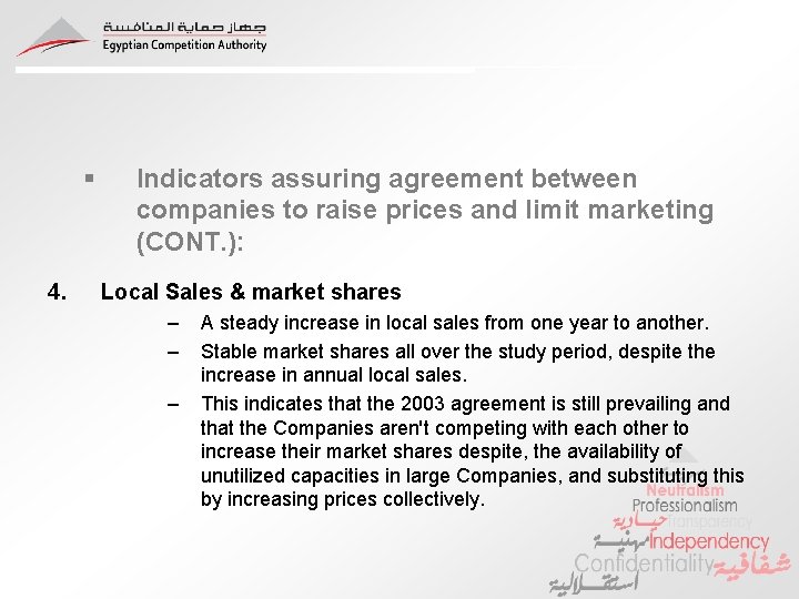 § 4. Indicators assuring agreement between companies to raise prices and limit marketing (CONT. § 4. Indicators assuring agreement between companies to raise prices and limit marketing (CONT.