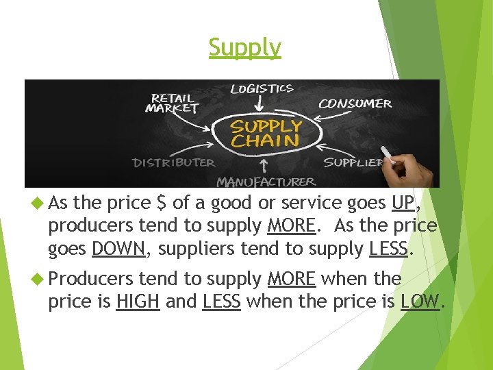 Supply As the price $ of a good or service goes UP, producers tend