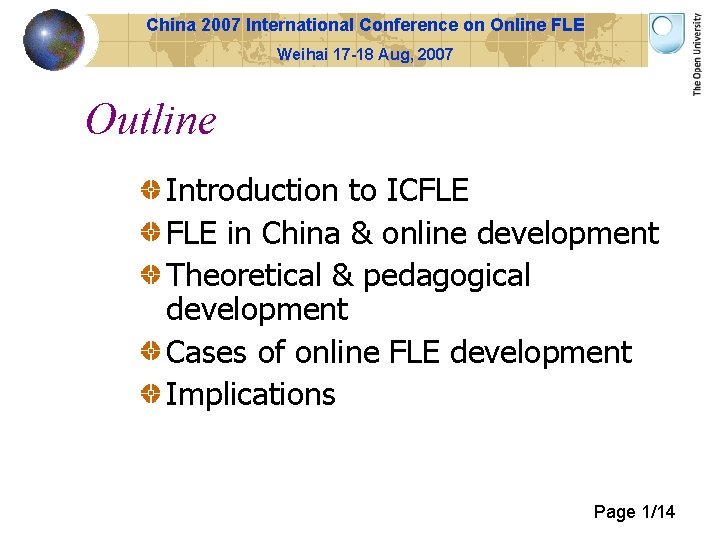 China 2007 International Conference on Online FLE Weihai 17 -18 Aug, 2007 Outline Introduction