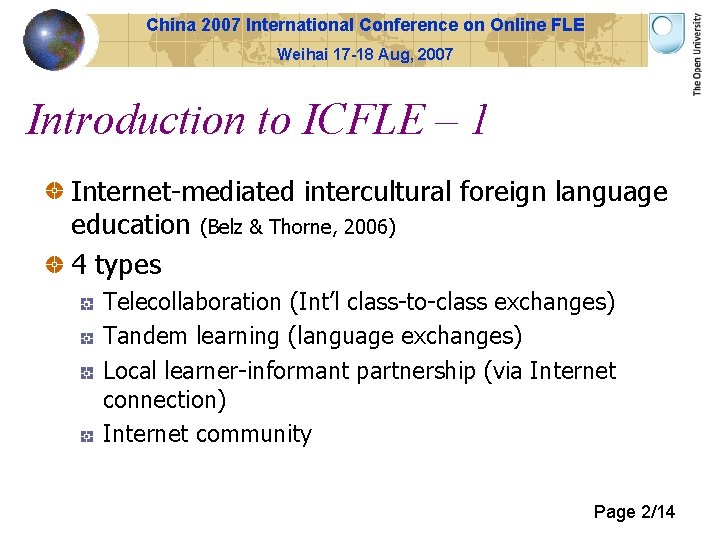 China 2007 International Conference on Online FLE Weihai 17 -18 Aug, 2007 Introduction to