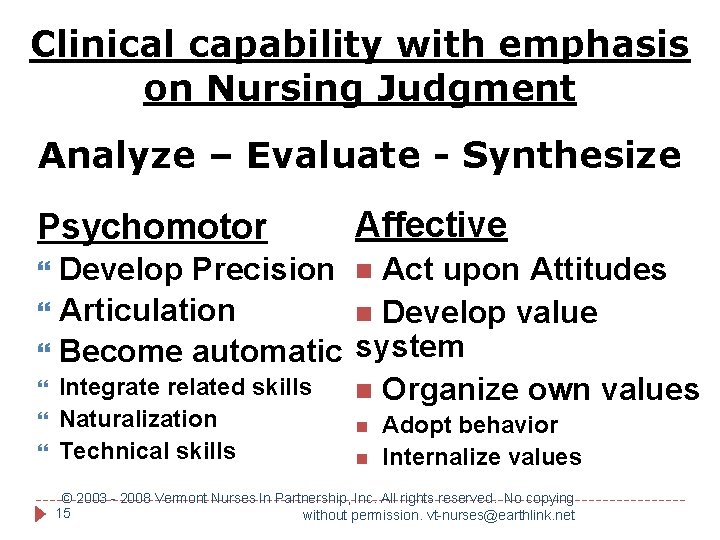 Clinical capability with emphasis on Nursing Judgment Analyze – Evaluate - Synthesize Psychomotor Affective