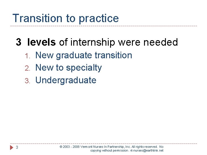 Transition to practice 3 levels of internship were needed 1. 2. 3. 3 New