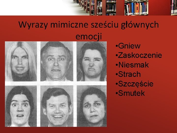 Wyrazy mimiczne sześciu głównych emocji • Gniew • Zaskoczenie • Niesmak • Strach •