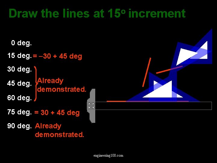 Draw the lines at 15 o increment 0 deg. 15 deg. = 30 +