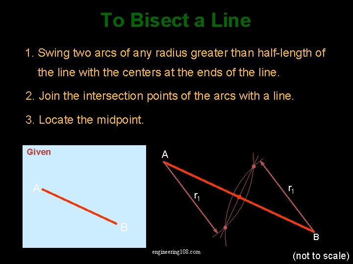 To Bisect a Line 1. Swing two arcs of any radius greater than half-length