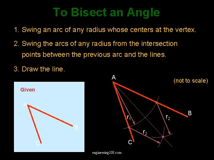To Bisect an Angle 1. Swing an arc of any radius whose centers at