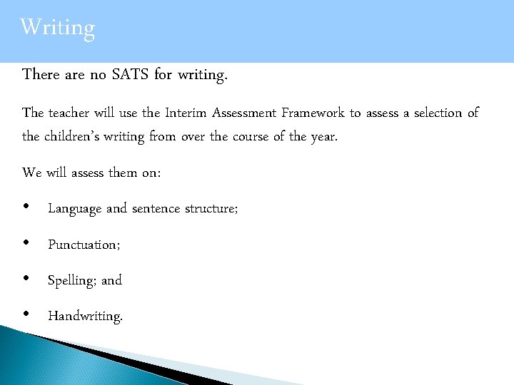 Writing There are no SATS for writing. The teacher will use the Interim Assessment