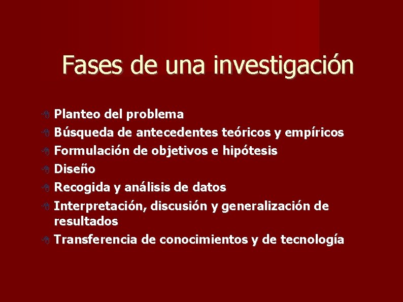 Fases de una investigación Planteo del problema Búsqueda de antecedentes teóricos y empíricos Formulación Fases de una investigación Planteo del problema Búsqueda de antecedentes teóricos y empíricos Formulación