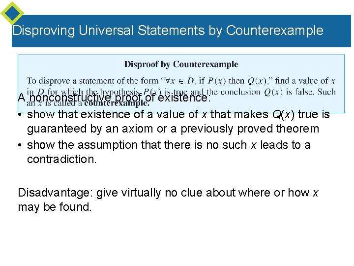 Disproving Universal Statements by Counterexample A nonconstructive proof of existence: • show that existence Disproving Universal Statements by Counterexample A nonconstructive proof of existence: • show that existence