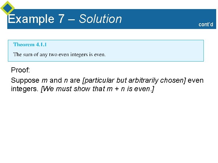 Example 7 – Solution cont’d Proof: Suppose m and n are [particular but arbitrarily Example 7 – Solution cont’d Proof: Suppose m and n are [particular but arbitrarily