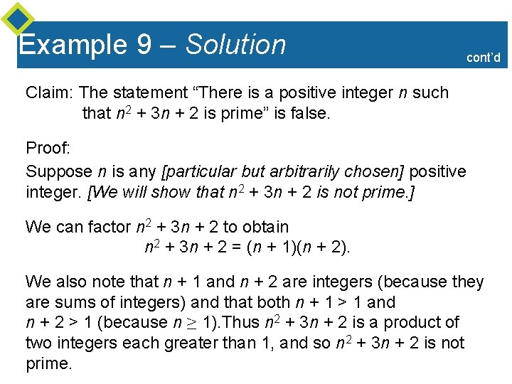 Example 9 – Solution cont’d Claim: The statement “There is a positive integer n Example 9 – Solution cont’d Claim: The statement “There is a positive integer n