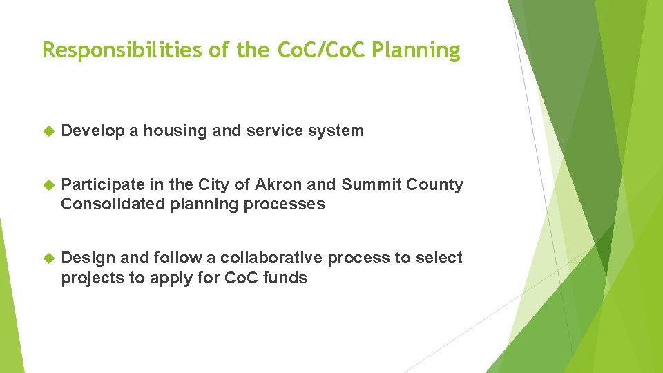 Responsibilities of the Co. C/Co. C Planning Develop a housing and service system Participate