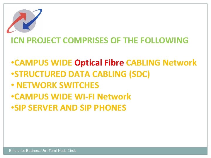 ICN PROJECT COMPRISES OF THE FOLLOWING • CAMPUS WIDE Optical Fibre CABLING Network •