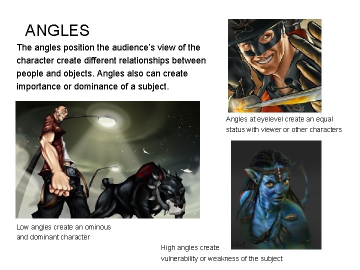 ANGLES The angles position the audience’s view of the character create different relationships between