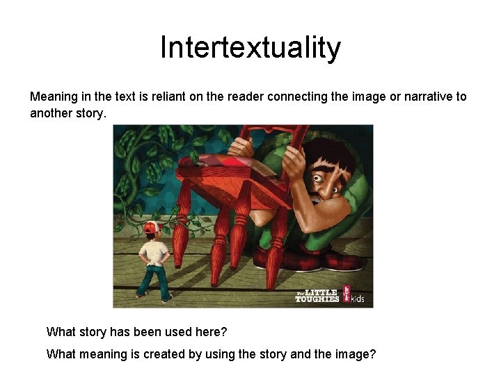 Intertextuality Meaning in the text is reliant on the reader connecting the image or