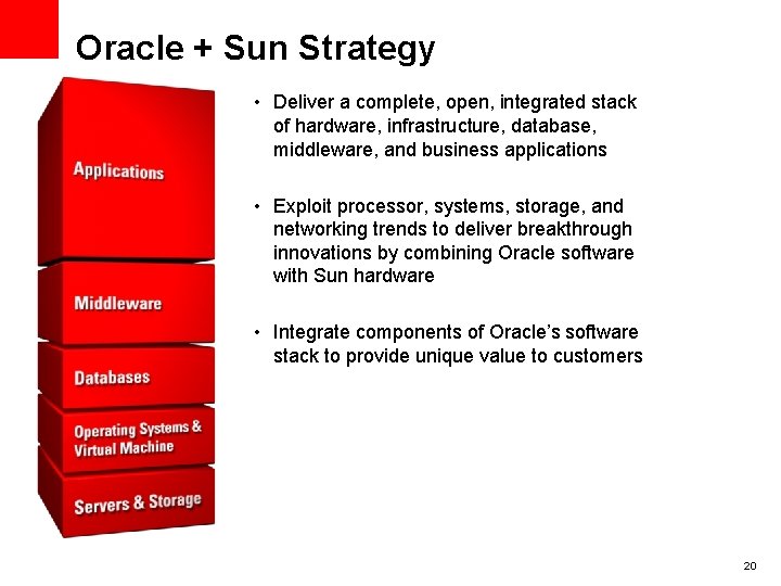 Oracle + Sun Strategy • Deliver a complete, open, integrated stack of hardware, infrastructure,