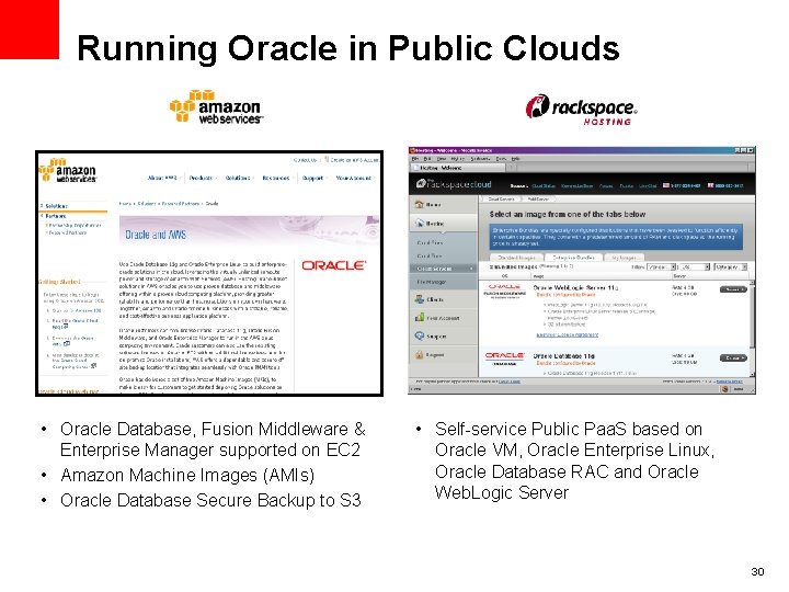 Running Oracle in Public Clouds • Oracle Database, Fusion Middleware & Enterprise Manager supported