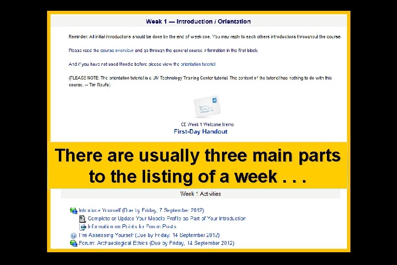 There are usually three main parts to the listing of a week. . .