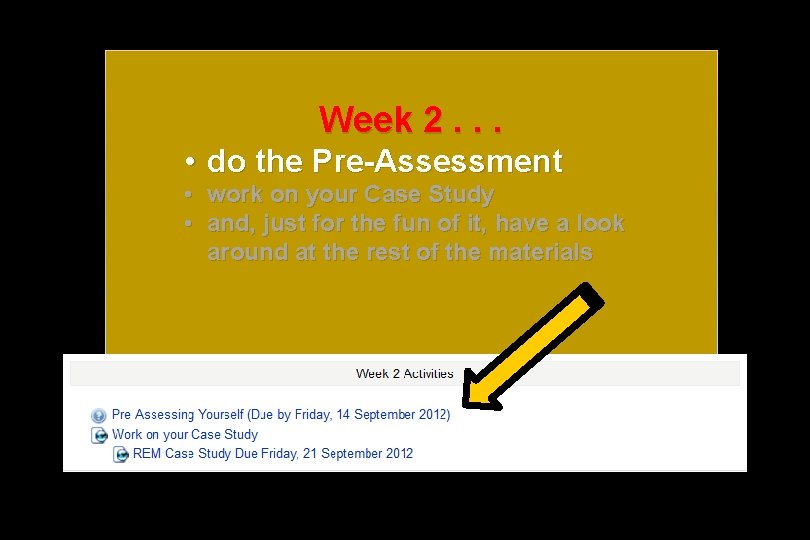 Week 2. . . • do the Pre-Assessment • work on your Case Study