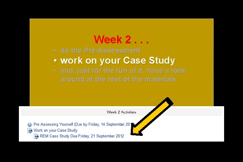 Week 2. . . • do the Pre-Assessment • work on your Case Study