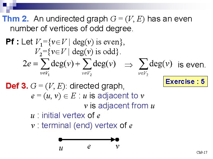 Thm 2. An undirected graph G = (V, E) has an even number of