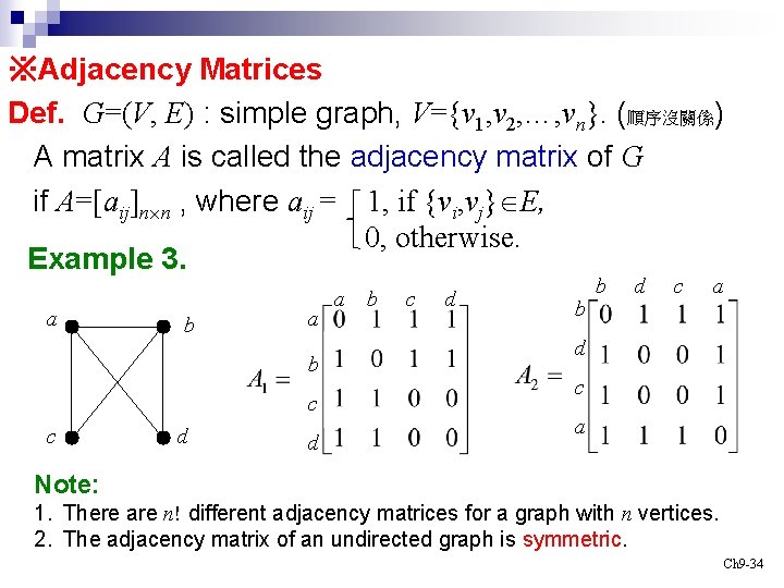 ※Adjacency Matrices Def. G=(V, E) : simple graph, V={v 1, v 2, …, vn}.